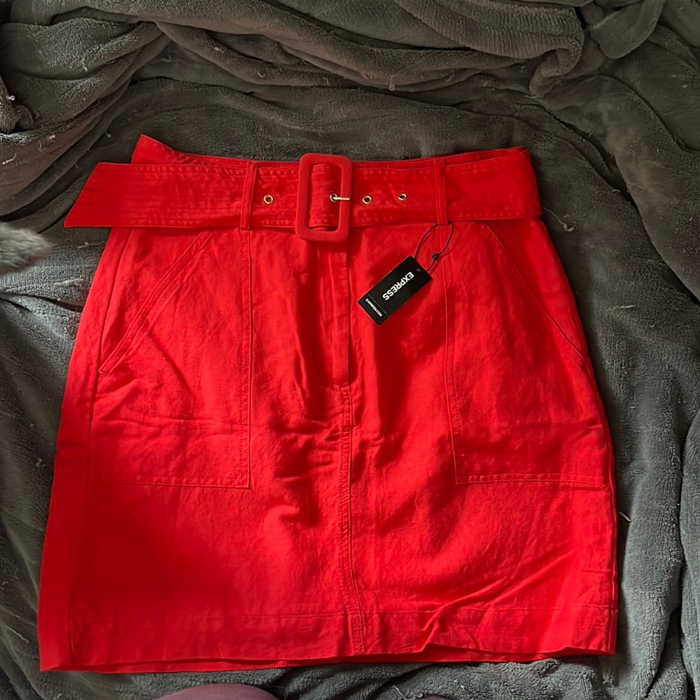 Red Linen Skirt with Removable Belt